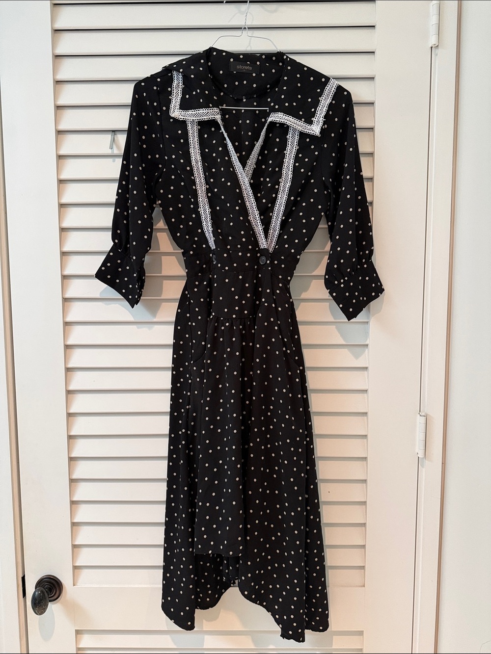 STORETS Black Polka Dot Lace Trim Midi Dress Size Small
